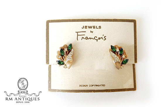 Francois by Coro Green Rhinestone Bouquet Earrings – 1950s Vintage Jewelry | VJ-2383