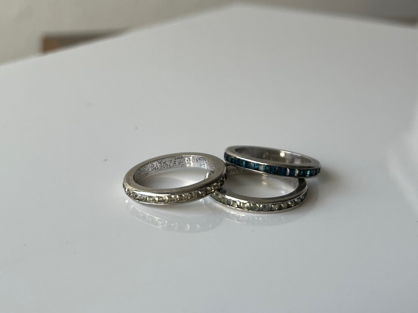 Trifari Early Vintage Eternity Ring | Sterling Silver PAT PEND, Square Baguette Rhinestones | VJ-8928