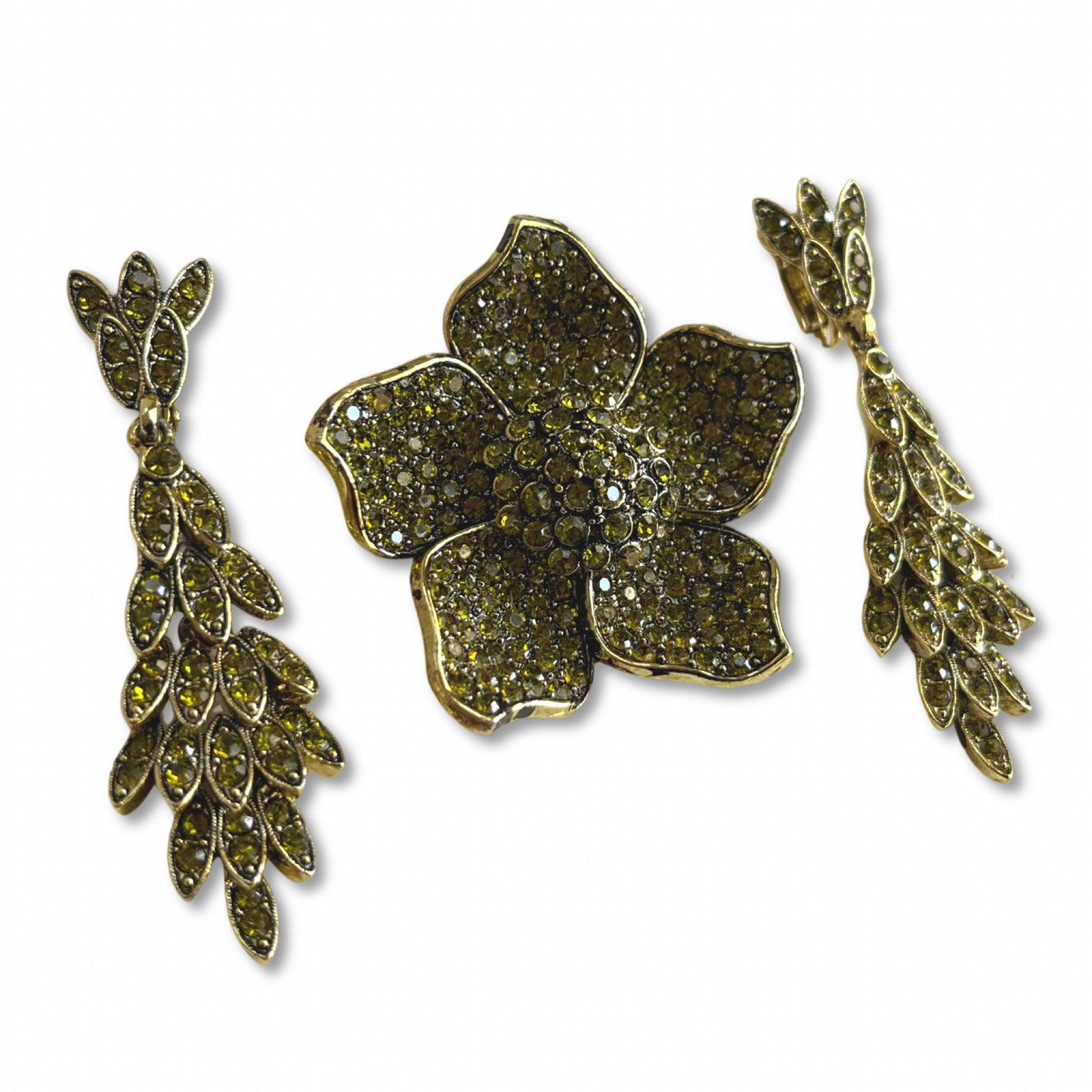 VJ-9042 HollyCraft Olive colored flower brooch and earrings