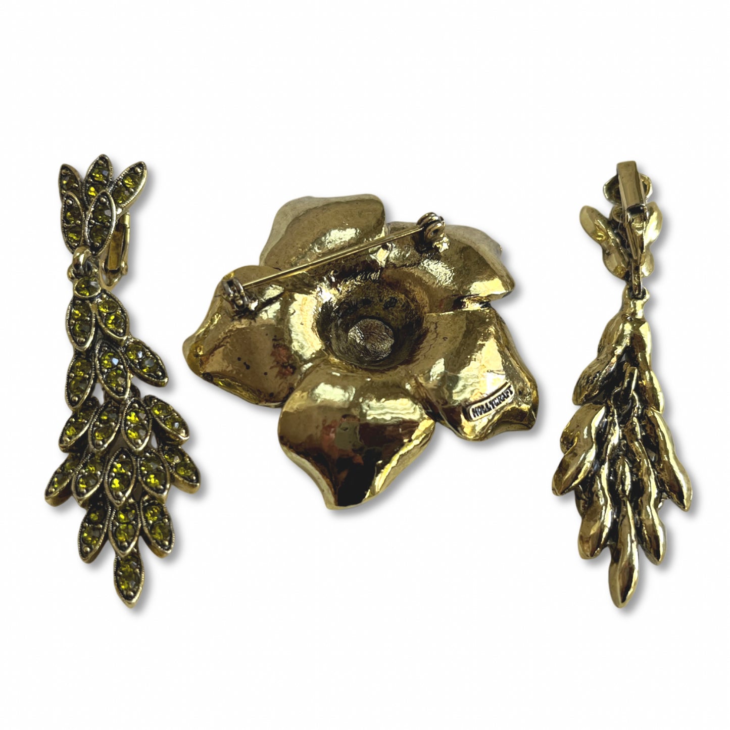 VJ-9042 HollyCraft Olive colored flower brooch and earrings