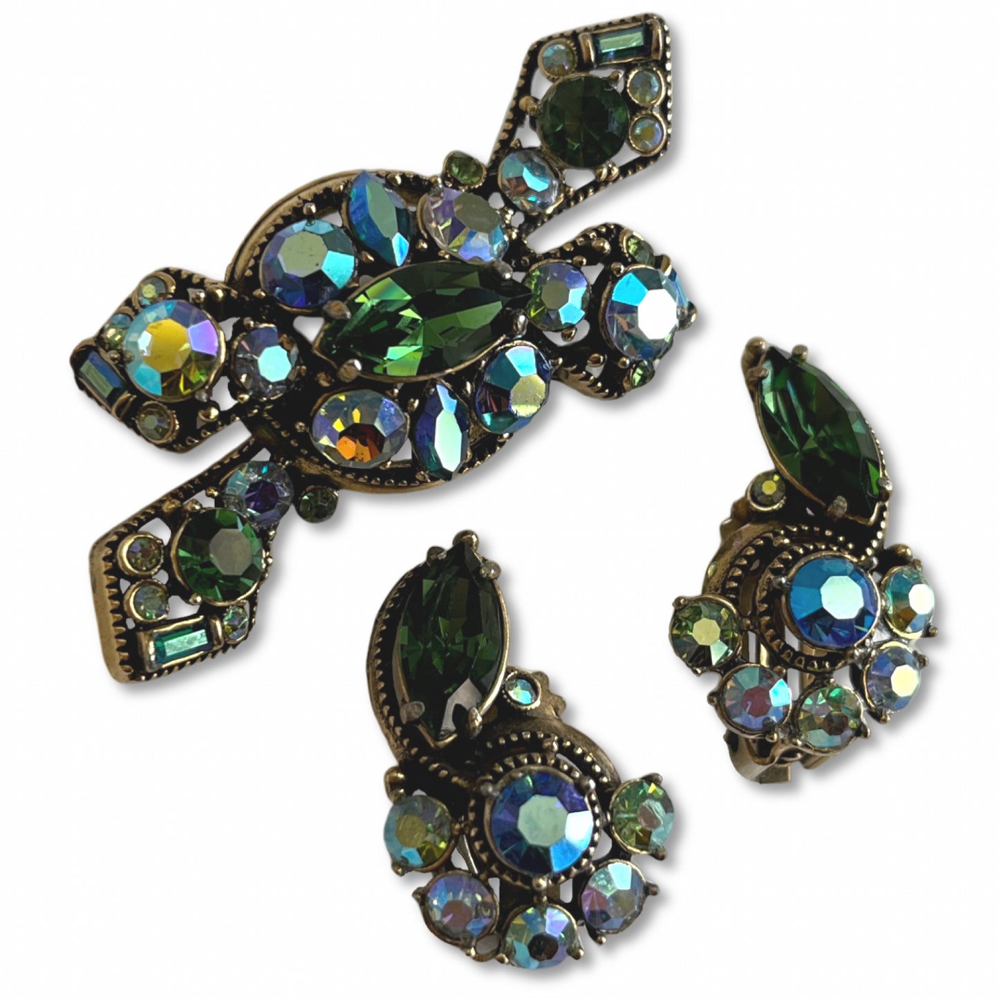 VJ-9041 HollyCraft Emerald and Aurora Blue Classic Brooch and Earrings