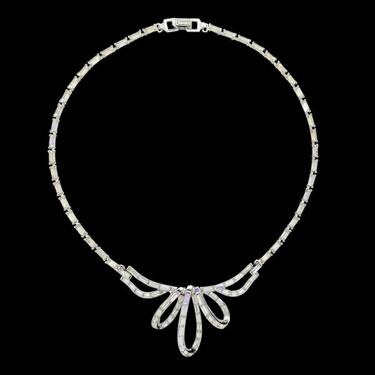 VJ-6025 Trifari Pat pend alfred 1953 Ribbon Bavet Rhinestone Choker Necklace Silver Trifari