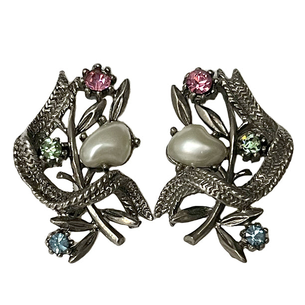 VJ-1188 Coro COROCRAFT Ribbon Bouquet Oxidized Silver Earrings