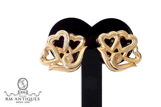 VJ-2492 Crown Trifari Triple Heart Earrings Trifari