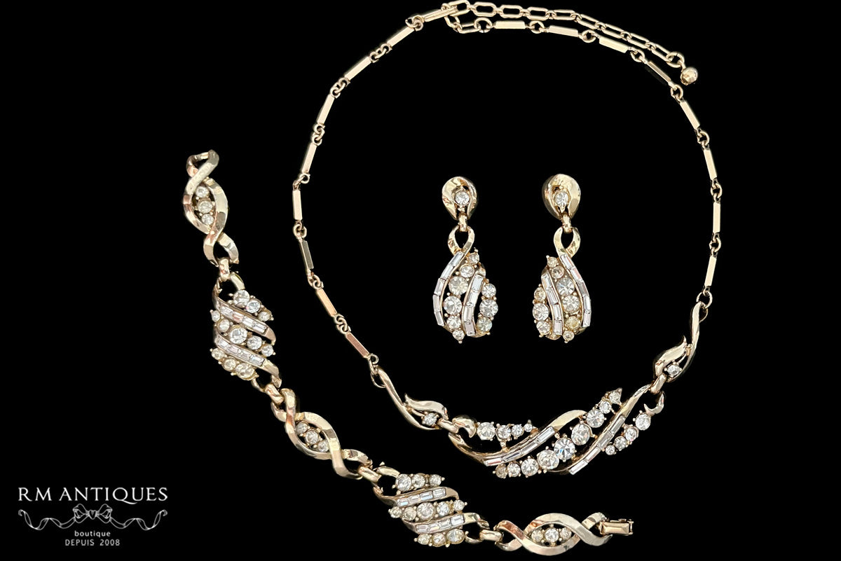 VJ-2574 Coro pat pend rhinestone necklace, bracelet, earrings parure bridal Coro A Katz 1954