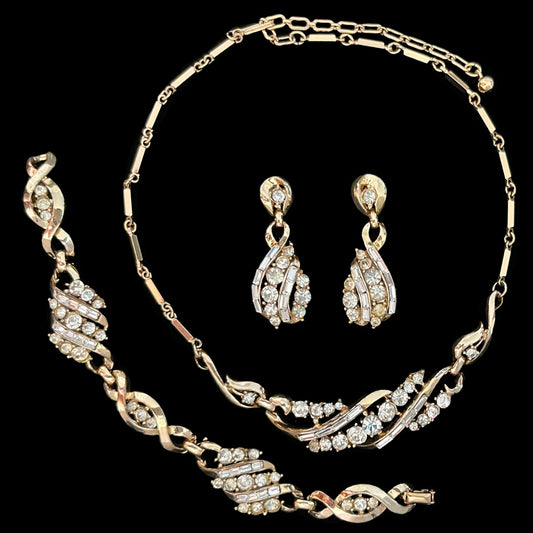 VJ-2574 Coro pat pend rhinestone necklace, bracelet, earrings parure bridal Coro A Katz 1954