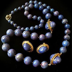 Miriam Haskell Blue Tone Marble Lucite Necklace and Earrings Miriam Haskell