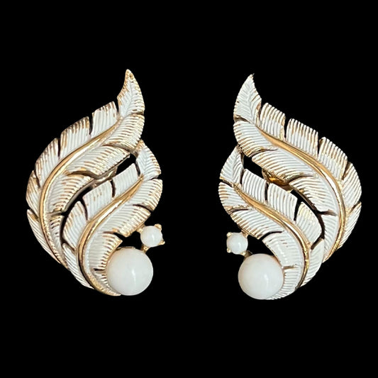 VJ-5076 Trifari white enamel leaf earrings