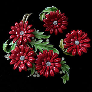 Trifari Red Enamel Flower Brooch &amp; Earrings Parure Trifari