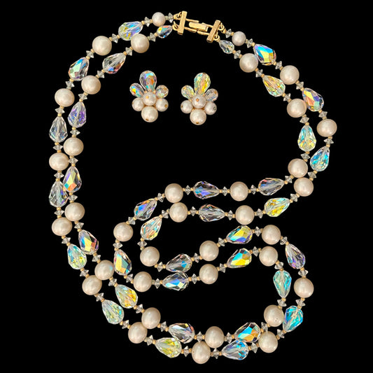 VJ-5330 Vendome Aurora Crystal and Pearl 2-strand Long Necklace and Earrings Parure