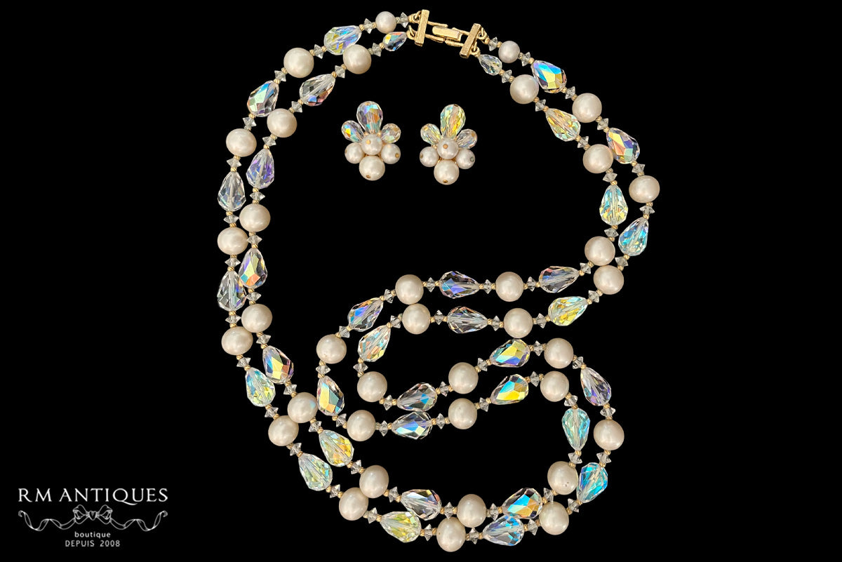 VJ-5330 Vendome Aurora Crystal and Pearl 2-strand Long Necklace and Earrings Parure