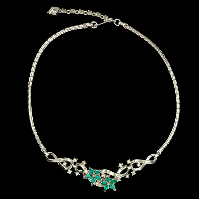 VJ-6036 Trifari Pat pend alfred 1952 Emerald Rhinestone Choker Necklace Silver Trifari