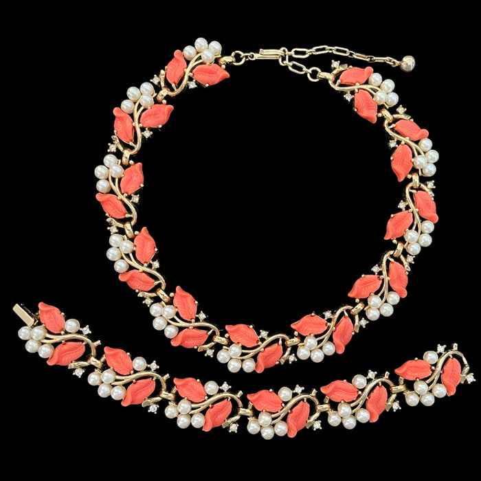 VJ-6078 Trifari Coral colored Lucite leaf necklace &amp; bracelet Parure Trifari