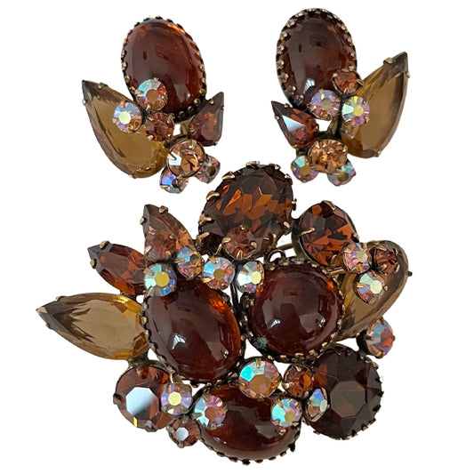 VJ-6355 Regency amber rhinestone brooch and earrings
