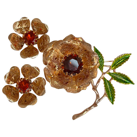 VJ-6809 SARAH COVENTRY 'Ember Flower' 1972 Large amber stone brooch and earrings Sarah Coventry