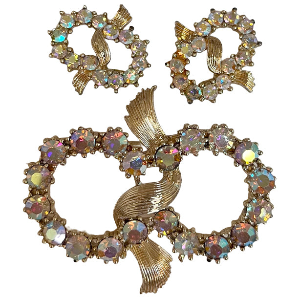 VJ-7628 Coro Aurora Stone Ribbon Brooch &amp; Earrings Parure