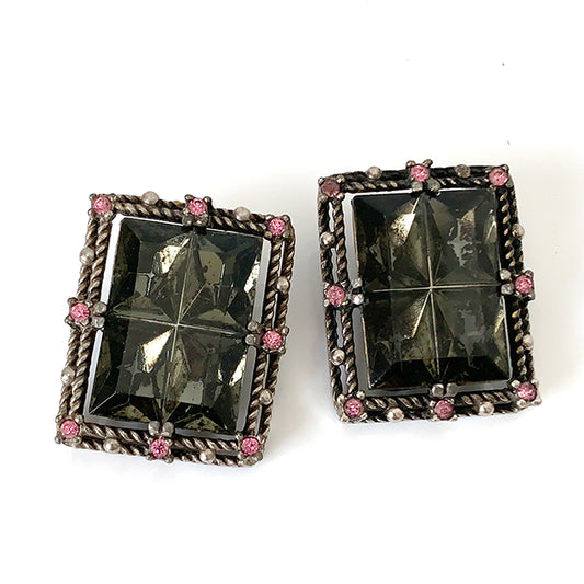 VJ-7956 Sarah Coventry "Midnight Magic" 1957 Square 4 section stone earrings