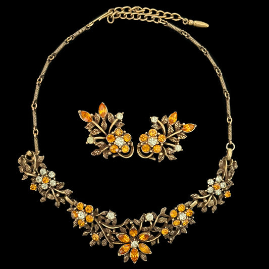 VJ-8291 Coro 1956 NAVARRE Orange Flower &amp; Leaf Necklace and Earrings