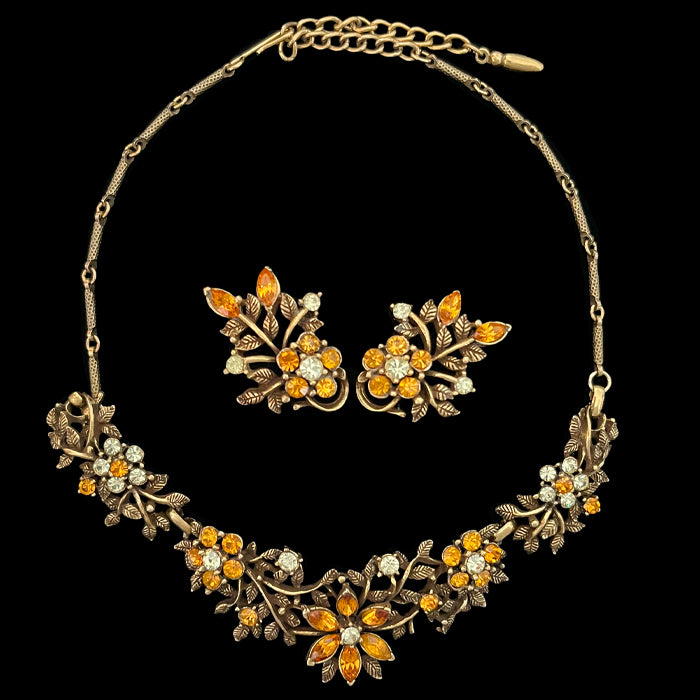 VJ-8291 Coro 1956 NAVARRE Orange Flower &amp; Leaf Necklace and Earrings