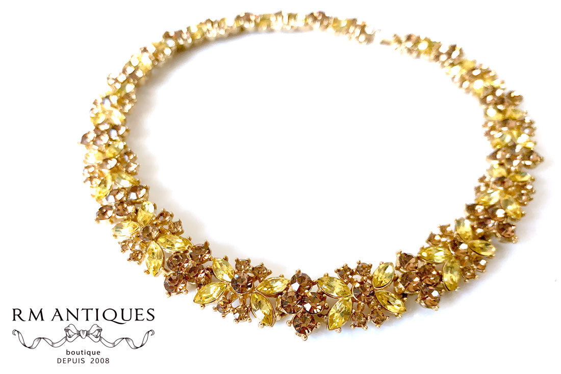 VJ-8494 Crown Trifari Jonquil and Topaz Rhinestone Necklace Trifari