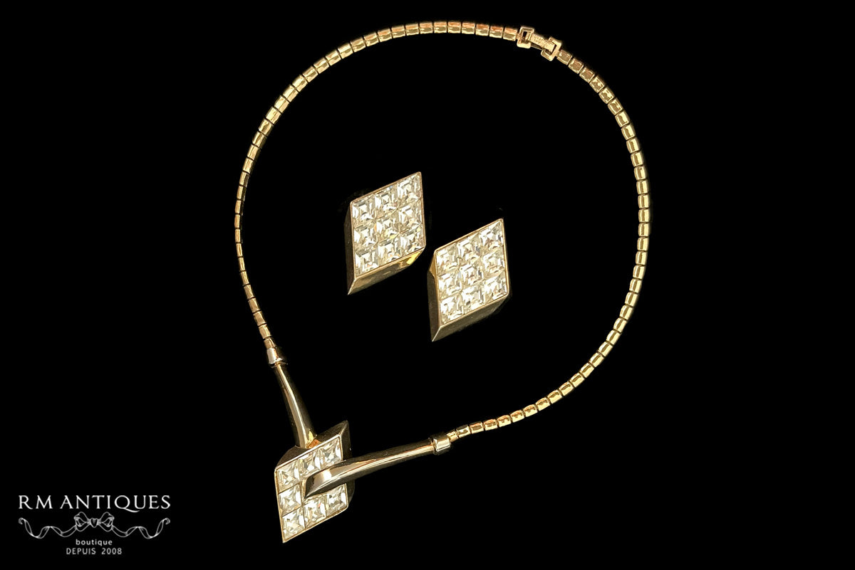 VJ-8743 Trifari Pat pend alfred 1951 Diamond Rhinestone Choker Necklace and Earrings Trifari