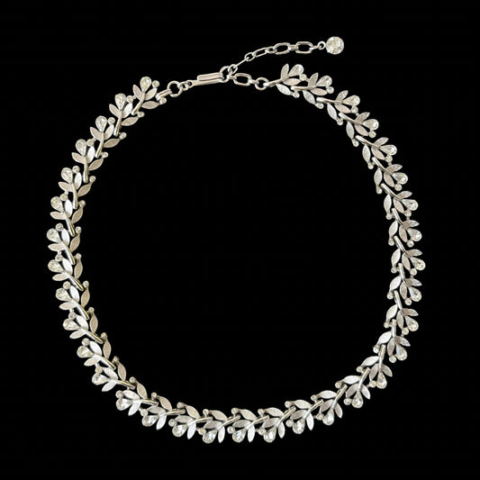 VJ-8931 Trifari Silver Leaf and Rhinestone Necklace