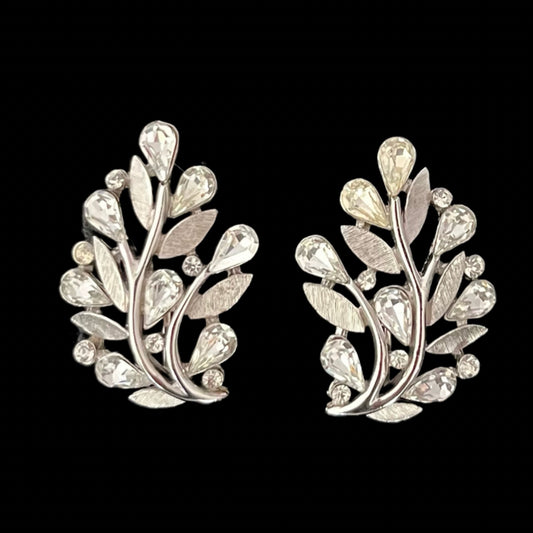 VJ-8933 Trifari silver leaf and rhinestone earrings