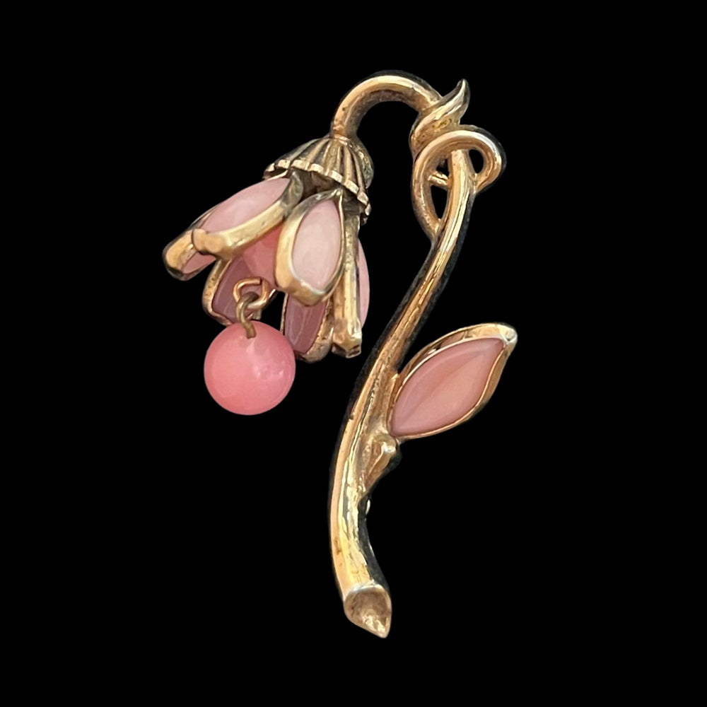 VJ-8940 Crown Trifari Pink milk glass lily of the valley brooch Trifari